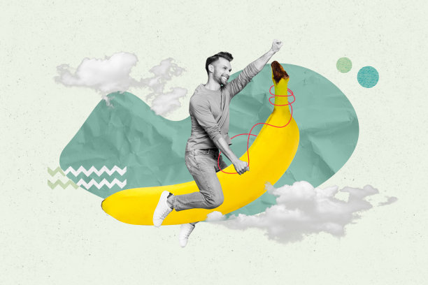 横向创意照片拼贴艺术海报，描绘一位积极幽默的男子骑着大香蕉在云朵中前行，背景抽象。图片下载