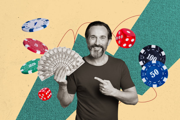 创意照片拼贴，快乐微笑的男人展示大奖得主的财富，富裕的赌场组合，赌博策略成功图片下载