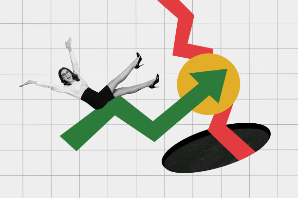 创意照片拼贴，快乐的年轻女商人骑着箭头向上飞，象征着成功、利润增长和良好的策略。图片下载