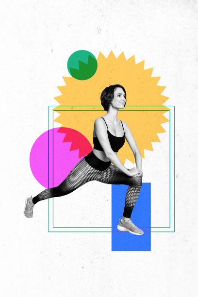 垂直抽象照片拼贴海报，展示了一位冷静的运动女性在几何背景下进行健身热身锻炼。图片下载