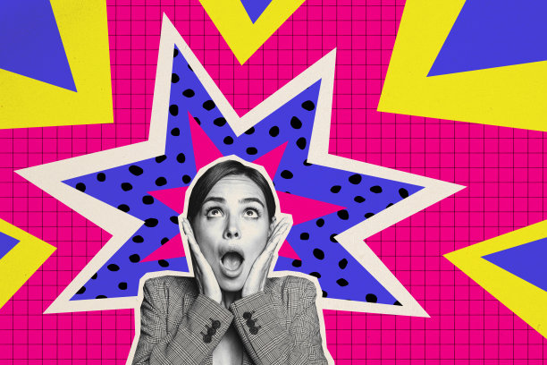 横向创意照片拼贴，展示一位惊讶、震惊、惊叹的年轻女性，嘴巴张开，表达对销售折扣优惠的惊喜。图片下载