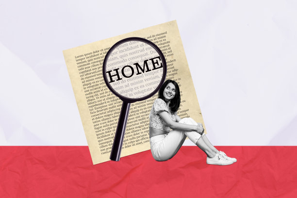 梦幻女孩坐在地板上，使用放大镜查看纸张上的新公寓房源，横向照片拼贴背景。图片下载