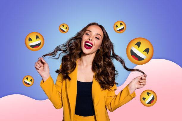 创意照片拼贴，年轻微笑的女孩，开心快乐，笑着，社交网络情感，绘画背景图片下载