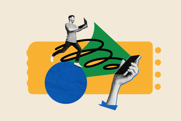 横向创意模板照片拼贴，兴奋的忙碌男学生工作者手持笔记本电脑和智能手机，在线连接。图片下载