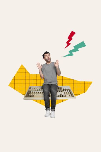 惊讶的男人坐在电脑键盘上，垂直复合创意拼贴照片插图，背景为白色。图片下载