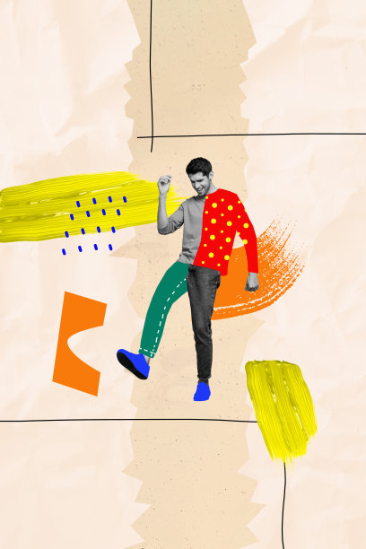 年轻的男孩在派对上穿着涂鸦服装，开心地跳舞，背景是创意绘画的垂直艺术照片拼贴。图片下载