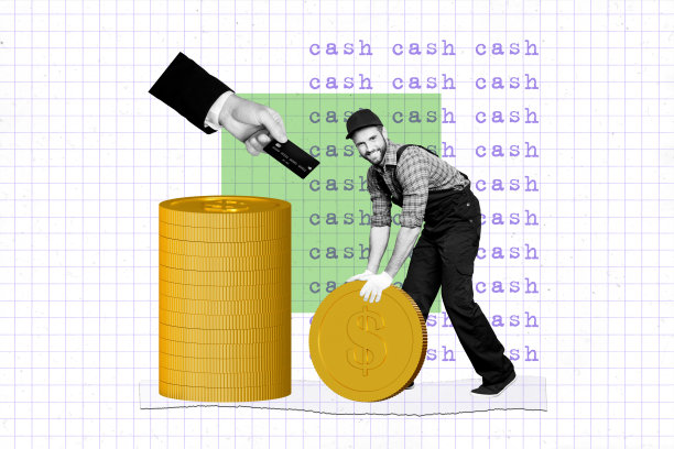 横向照片拼贴，快递员手持巨大的美元硬币和卡片，在棋盘格背景上进行即时支付交易。图片下载