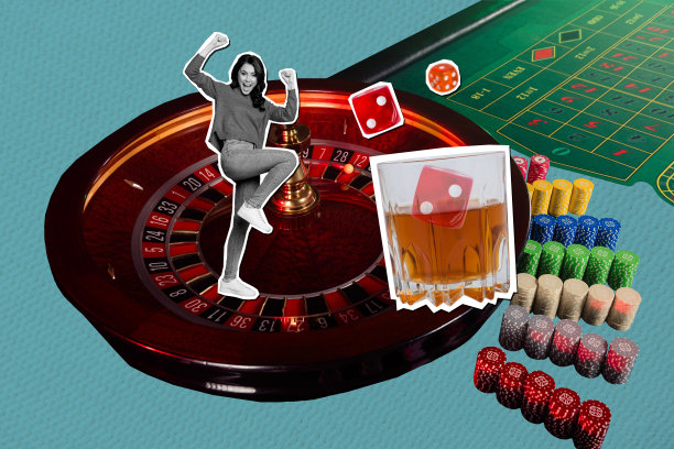 抽象艺术作品合成照片拼贴，古怪女性在绘画背景下玩赌场轮盘，喝威士忌，掷骰子。图片下载