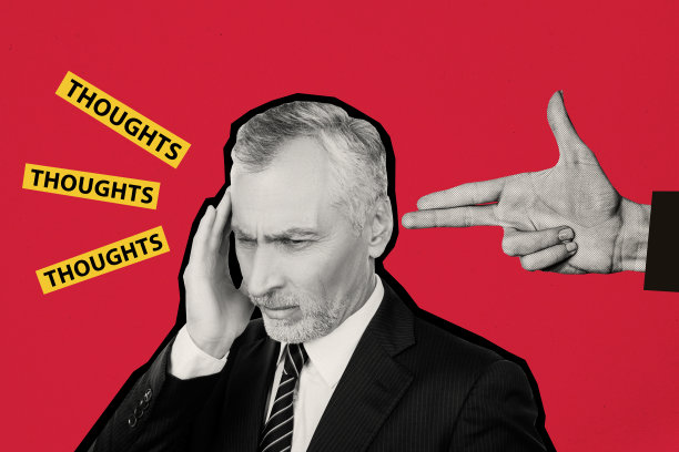 创意合成素描照片拼贴，描绘一位老年男子坐在办公室，盯着电脑，因头痛而苦恼，背景为涂鸦风格。图片下载