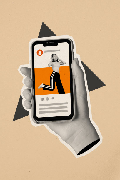 黑白色调的垂直拼贴，手臂托着智能手机屏幕，兴奋的女孩在听音乐，侧面头像，背景为米色。图片下载