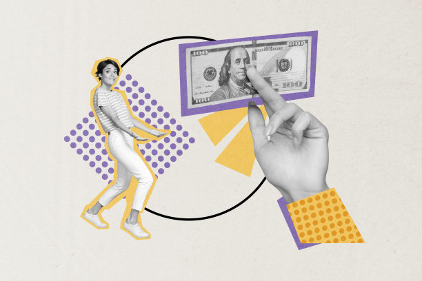 兴奋女士用现金支付的手部插画拼贴图，背景为米色。图片下载