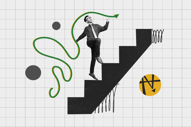 创意照片拼贴，年轻商务人士向上走，进步箭头方向，达到成功目标，追求成就的高度图片下载
