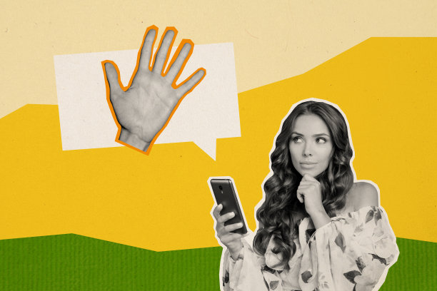 横向创意照片拼贴，年轻女性手持智能手机，带着好奇的表情看着消息气泡，手掌挥动致意。图片下载