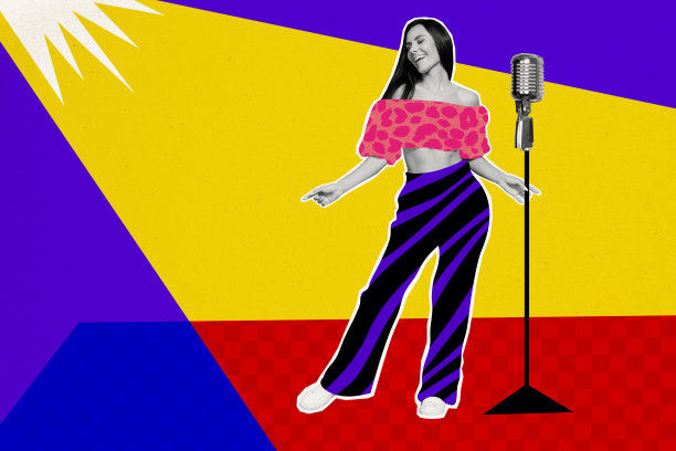 横向照片拼贴，展示美丽的女性穿着彩绘服装在俱乐部中用麦克风唱歌，背景色彩丰富且富有创意。图片下载