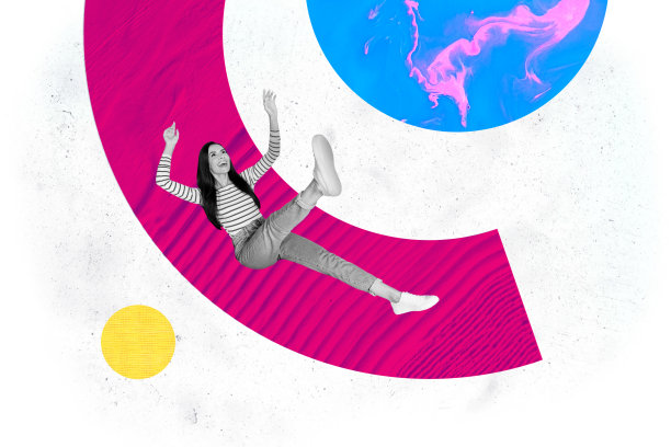 横向创意超现实照片拼贴海报，展示一位时尚年轻女性躺在地板上，双手和双腿抬起，享受假期的欢笑。图片下载