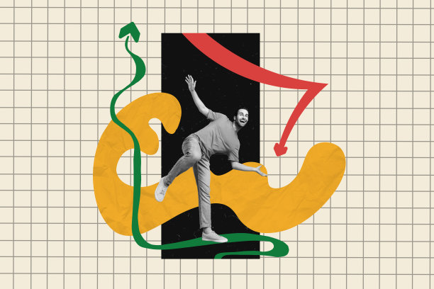 在方格背景上，快乐的男人因统计增长成功而欢快地跳舞的横向绘画照片拼贴。图片下载