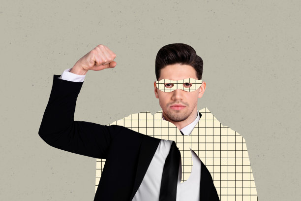 创意照片拼贴，年轻商人穿着正式西装，披着格子斗篷，戴着超能力面具，展现力量，背景为绘画风格。图片下载