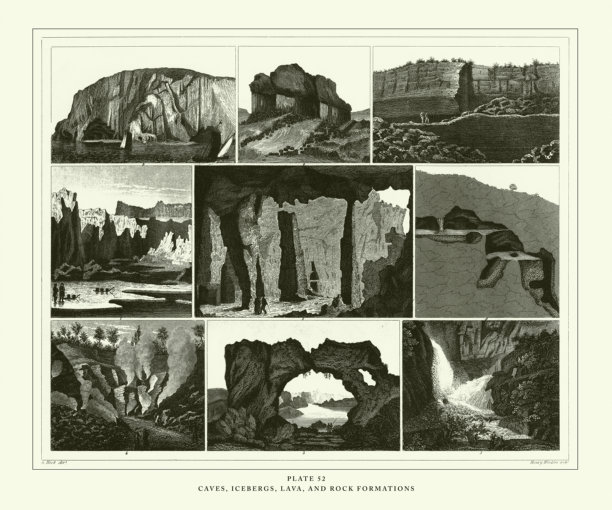 雕刻古董，洞穴，冰山，熔岩和岩层雕刻古董插图，出版1851年图片下载