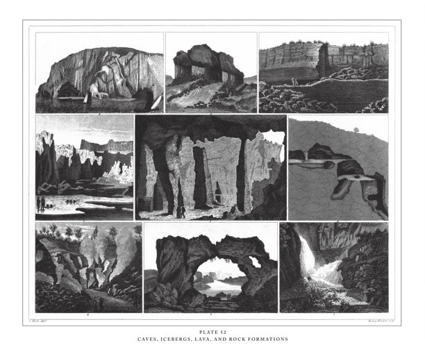 洞穴，冰山，熔岩和岩层雕刻古董插图，出版1851年图片下载