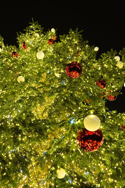 装饰有红白色花环和圣诞球的圣诞树，背景是夜空。仰视的视角。氛围照片图片下载