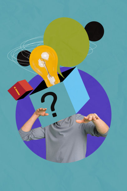 垂直照片拼贴，匿名男子佩戴问号盒子，气泡对话，灯泡创意，商业发现，孤立在涂鸦背景上。图片下载