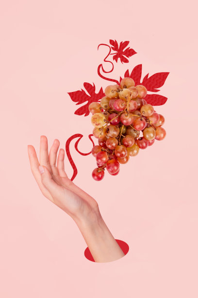 垂直照片拼贴，手握葡萄酒甜浆果果枝，糖果般的秋季夏季收获，背景为涂漆色彩。图片下载