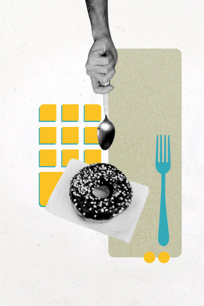 手握勺子和叉子的垂直照片拼贴，咖啡、甜甜圈、甜点、营养、甜食、糖果和巧克力，背景为涂鸦风格。图片下载
