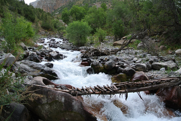 山间河流中的木桥，黑白照片图片下载