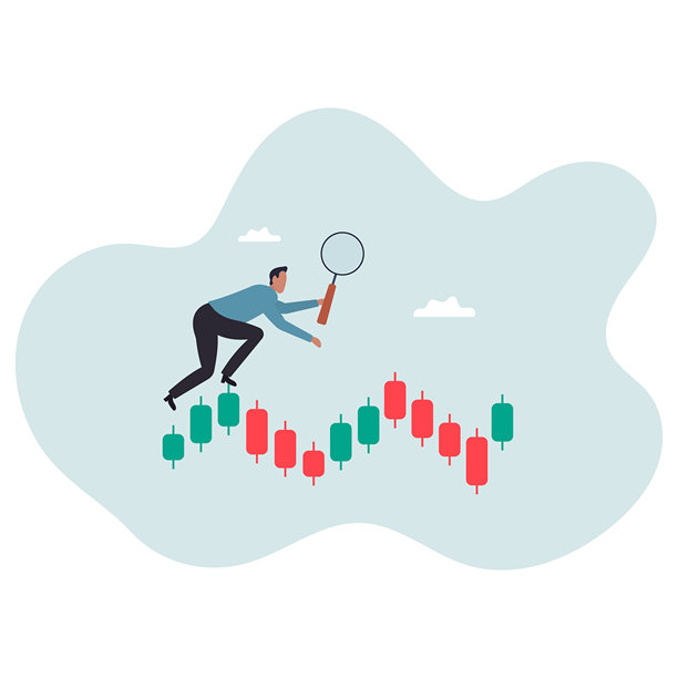 技术分析交易员分析股票市场或加密货币数据走势，趋势分析以获取利润，商业概念，扁平化角色。图片下载