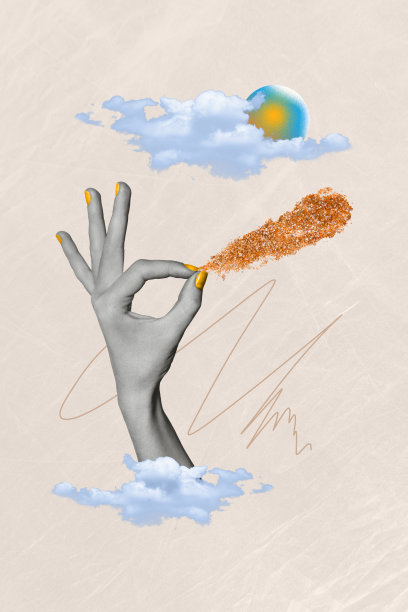 垂直拼贴图片插图，黑白效果，手持闪亮的片段，高空云彩飞翔，推荐独家米色背景图片下载