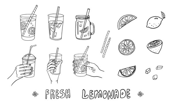 一组柠檬水，配有冰块、薄荷、吸管和字母。柠檬和柠檬片。图片下载