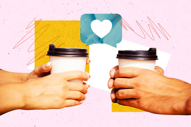 复合趋势艺术作品草图，3D照片拼贴，包含横幅图标、通知、流行的心形应用程序、社交媒体和手持咖啡杯。图片下载