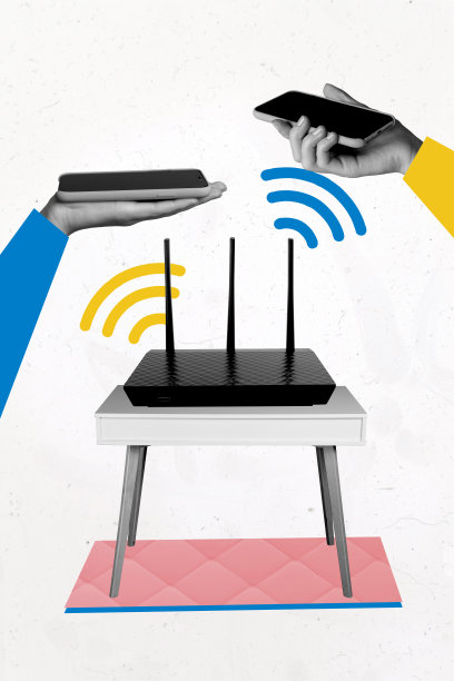 垂直照片拼贴，手持手机设备，屏幕显示WiFi连接路由器，免费热点网络区域，背景为涂鸦风格。图片下载