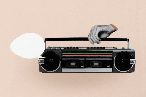 休闲夜总会周末娱乐活动的拼贴艺术照片模板，手持音响，带有对话气泡和收音机。图片下载