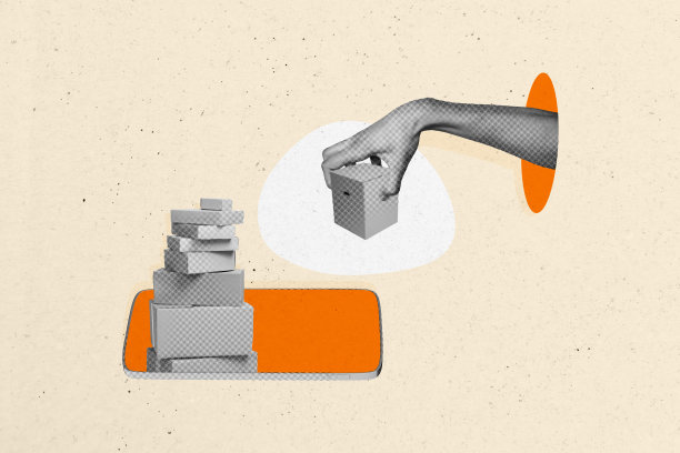 手提纸箱包裹手机订单快递服务的拼贴照片，背景为涂鸦风格。图片下载