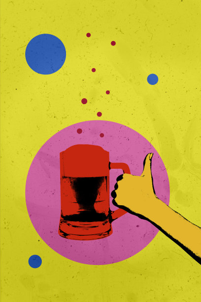 垂直照片拼贴，手握大啤酒杯，酒精氛围，宿醉，周末放松，星期六酒吧饮品，背景为涂鸦风格图片下载