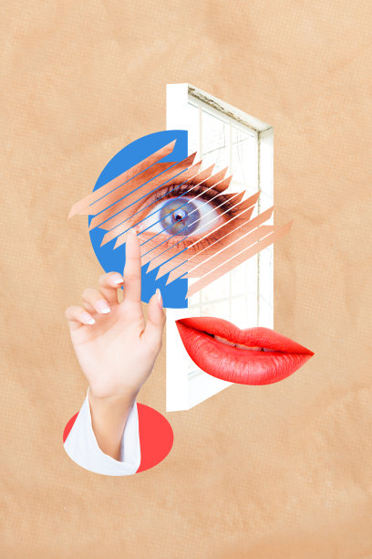 复合趋势艺术作品 3D 草图图像 照片拼贴 夸张面孔碎片 手指指向眼睛 看到愿景 美容院 唇部 唇膏图片下载