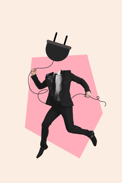 垂直照片拼贴，匿名男子穿着西装，头部插入电源插头，电力容量瓦特，背景为涂鸦风格。图片下载