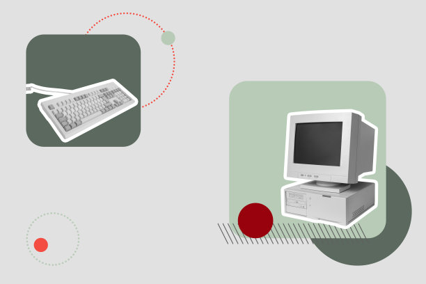 创意照片海报趋势艺术拼贴图，展示老式电脑显示器、桌面办公工具、科技线缆和键盘，适合自由职业者使用。图片下载