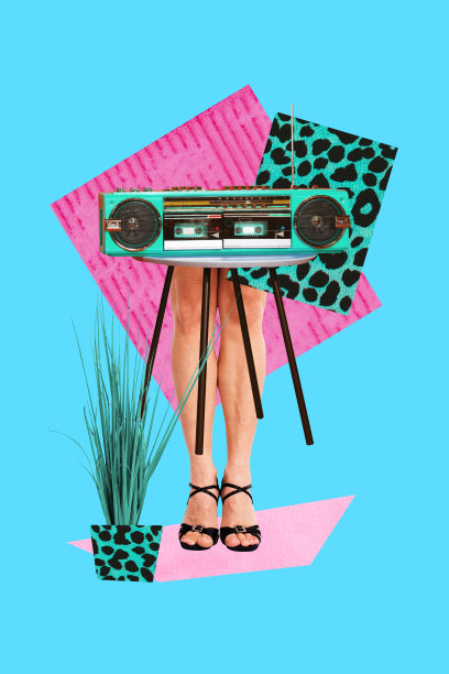 时尚艺术创意竖版照片拼贴，展示无身体的女孩脚与复古派对庆祝活动的音响录音机。图片下载