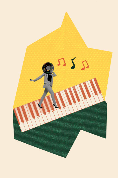 垂直照片拼贴，匿名女孩用复古光盘代替头部，作曲家在钢琴上演奏旋律，背景为涂鸦风格。图片下载