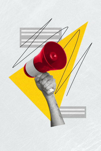 手握扩音器的垂直照片拼贴，宣告重要信息，背景为纸张纹理。图片下载