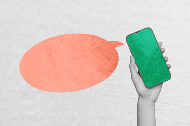 横向现代创意照片拼贴，手持智能手机显示屏上的短信通知，背景为纸张。图片下载