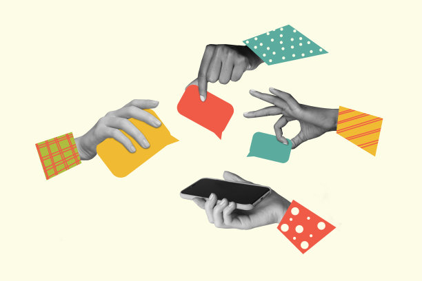 拼贴风格的3D图像，展示了复古风格的性感插画，手持信息通知智能手机，配有对话气泡，奇异而不寻常的幻想广告牌。图片下载