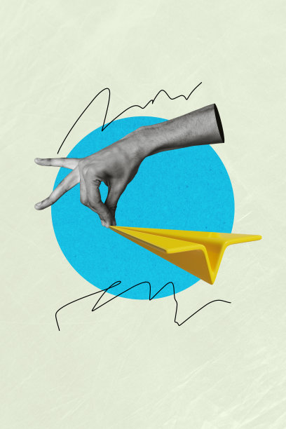 垂直艺术作品照片拼贴，手停止接住纸飞机，玩耍折纸，背景为创意质感的米色。图片下载