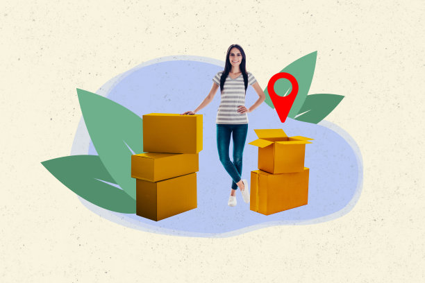 创意照片拼贴，年轻快乐微笑的女孩与一堆包裹、堆叠的箱子，快递服务、邮政纸箱、订单目的地标记。图片下载