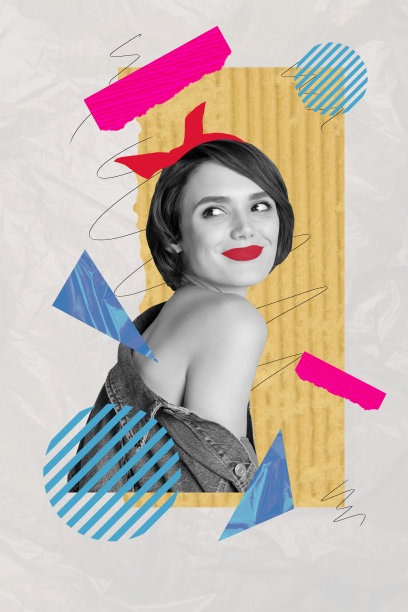 创意竖版照片拼贴，年轻美丽微笑女孩，时尚服装，摆姿势的漂亮模特，绘画背景图片下载