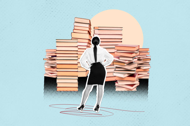 现代横向照片拼贴，迷你女性身着正式服装背对着一大堆书籍，背景富有创意。图片下载