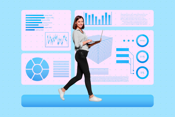年轻女孩手持笔记本电脑走路的照片拼贴，信息图表展示科技探索数据统计结果图片下载