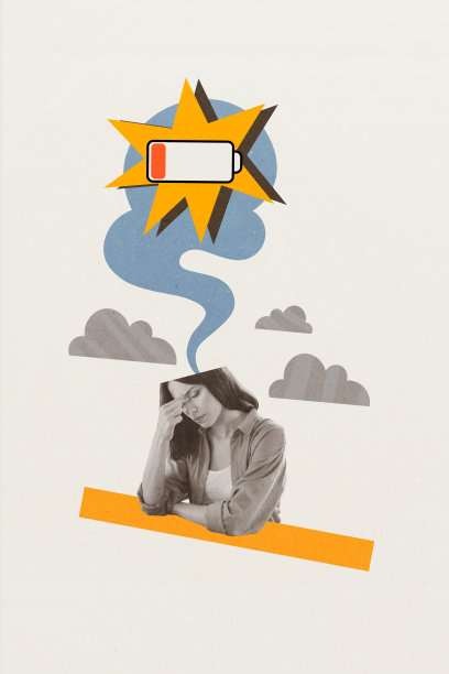 女性疲惫不堪、精疲力竭、过度工作、低电量、需要休息的创意竖向照片拼贴，背景为米色。图片下载